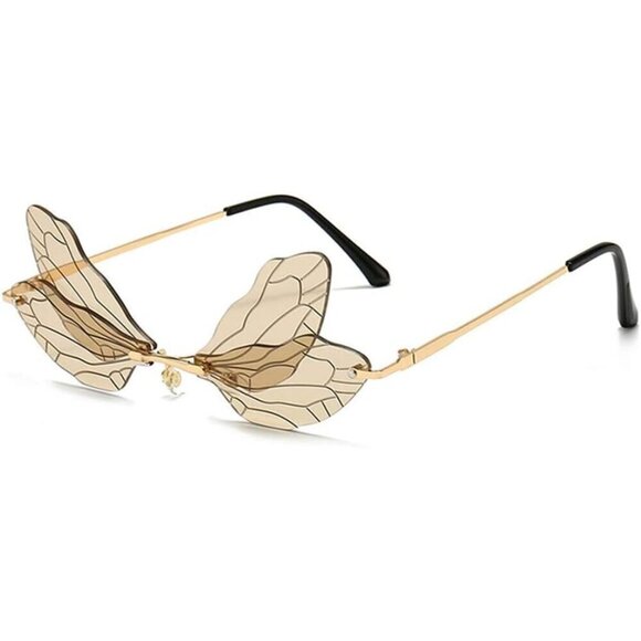 ?Women Brown Dragonfly Wing Shape Frameless Irregular Shades Party Sun Glasses main image 5